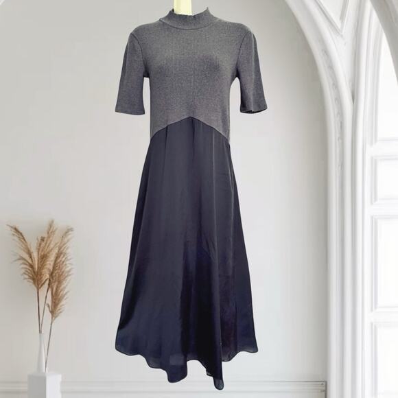 Zara Black and Gray Midi Dress Size Small Ribbed Knit Top Short Sleeve Flared - Picture 1 of 6